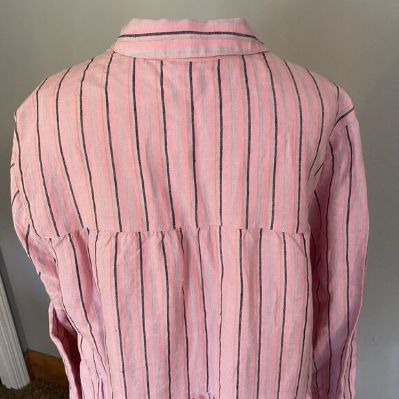J. Jill Love Linen Shirt Dress MED Pink Stripe Button Front Tiered Ruffle Boho - Picture 7 of 12